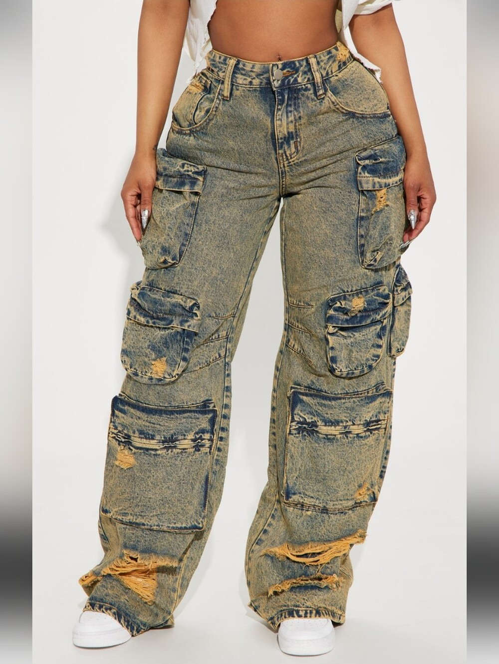 NWT Fashion Nova Nikki Non Stretch Acid Wash Vintage Cargo Jeans Size 16 Plus